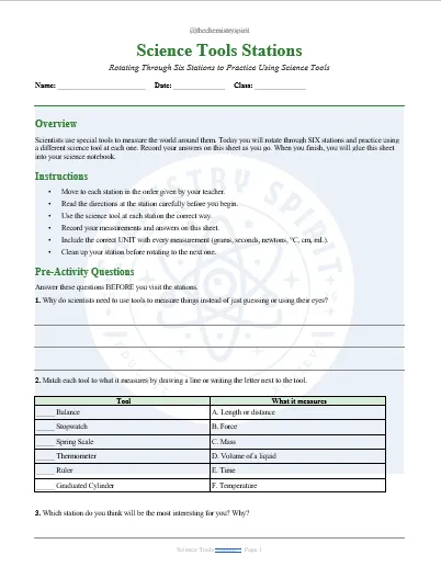 Science Tools Stations (Rotating Through Six Stations to Practice Using Science Tools)